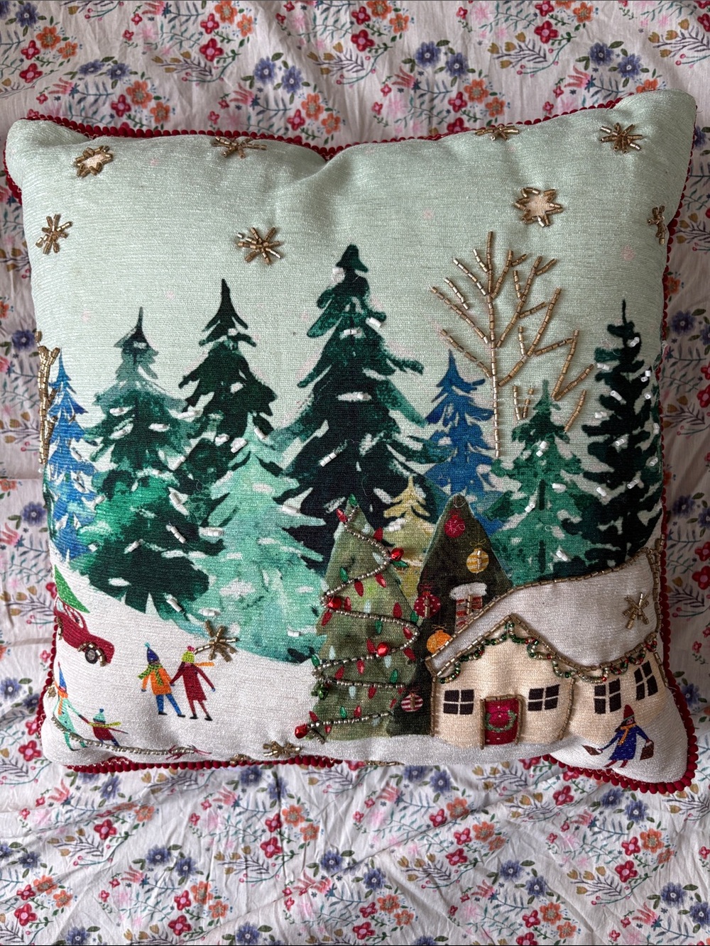 St. Nicholas Square Green and Blue Winter Forest Holiday Pillow